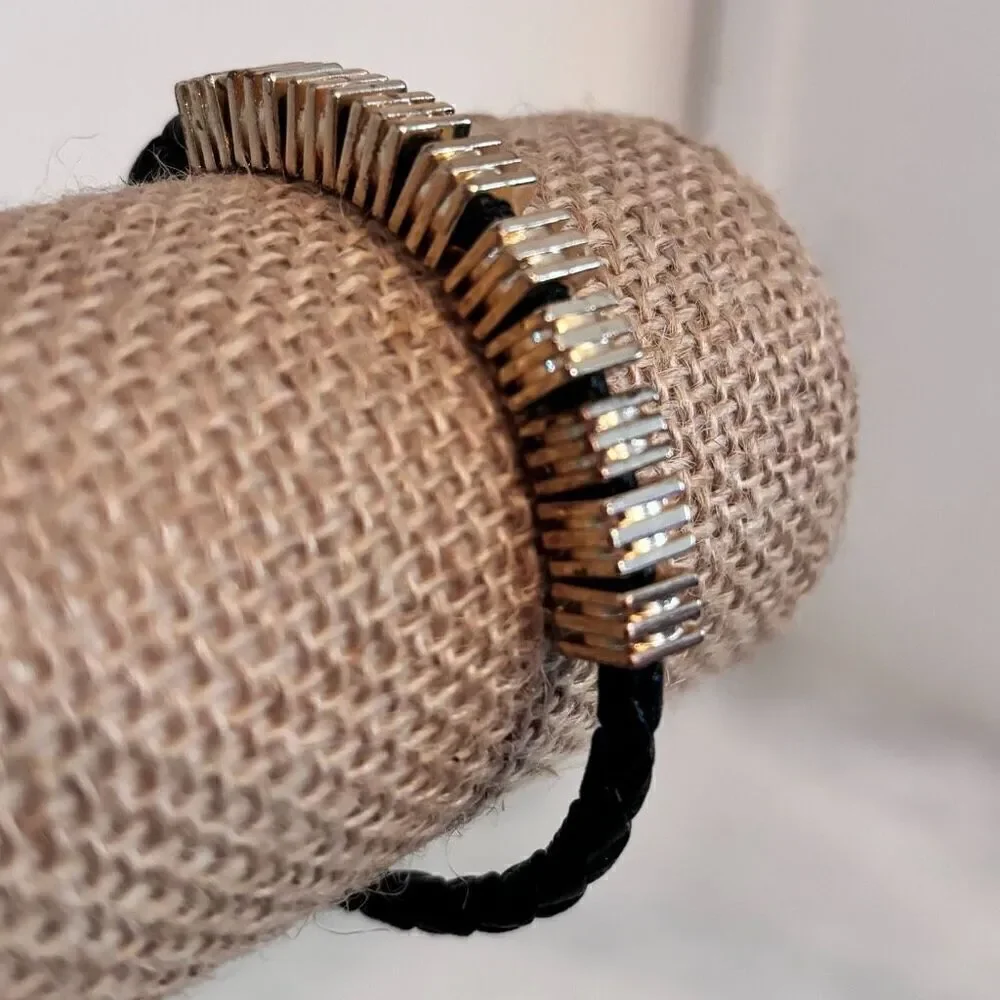 Vtg Zara Braided Rope Leather Cord Linked Square Disc Bracelet Goldtone Black OS